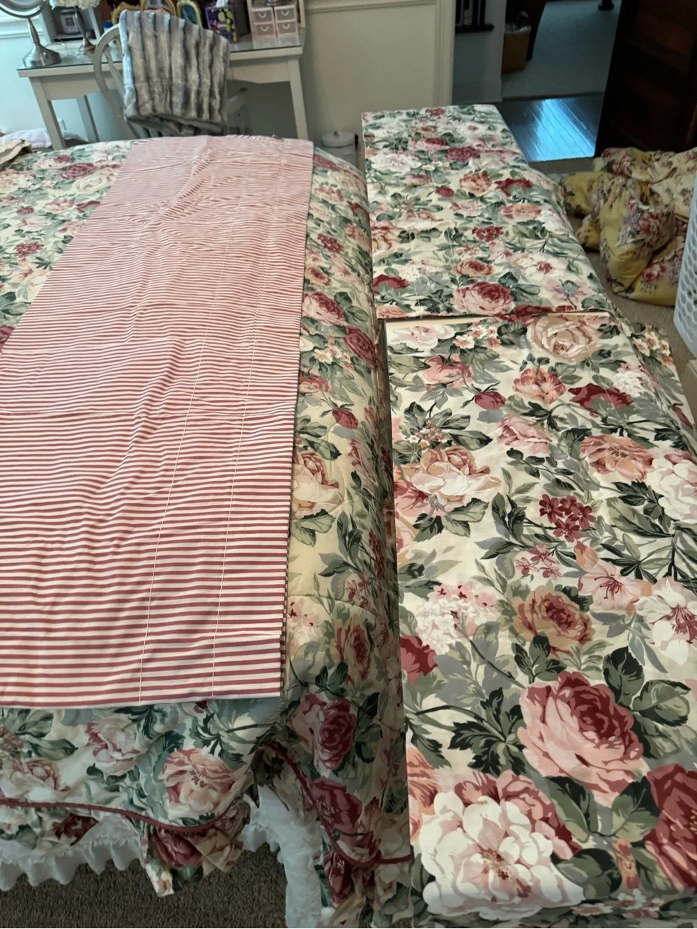 Vintage Croscill Cottage Rose (1) and (2) Red Ticking Stripe Valances- set